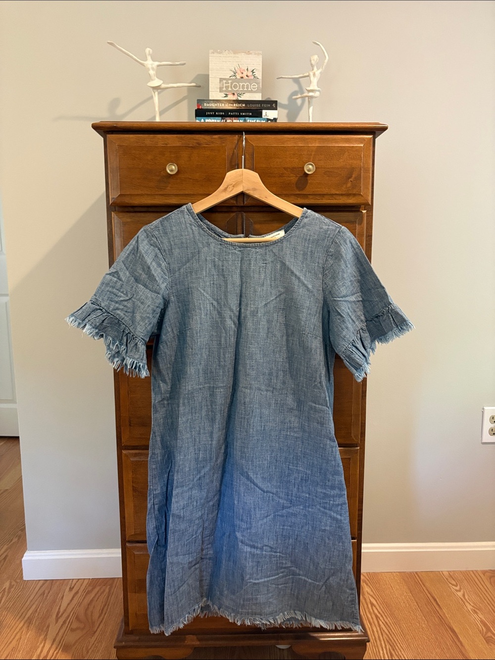 beachlunchlounge Denim-Look Fringe Sleeve Dress in Light Blue